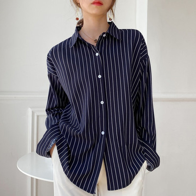 Moteriška korėjietiška dryžuota palaidinė Laisva biuro moteriška palaidinė ilgomis rankovėmis, moteriški madingi marškiniai 11876