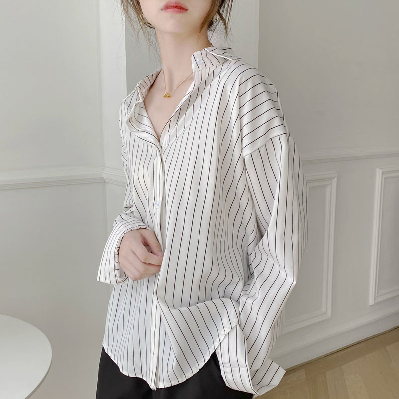Moteriška korėjietiška dryžuota palaidinė Laisva biuro moteriška palaidinė ilgomis rankovėmis, moteriški madingi marškiniai 11876