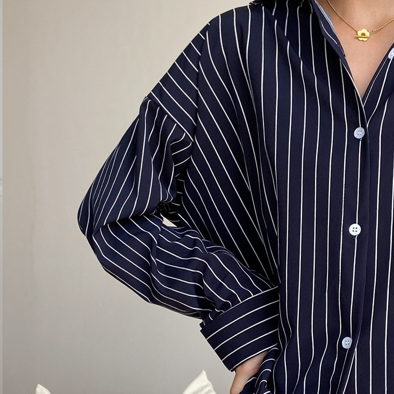 Moteriška korėjietiška dryžuota palaidinė Laisva biuro moteriška palaidinė ilgomis rankovėmis, moteriški madingi marškiniai 11876