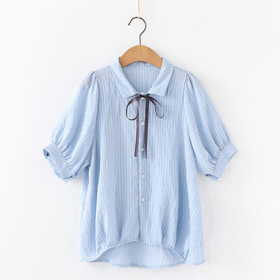 Cămașă nouă de vară pentru femei, cu mânecă scurtă, bluză cu dungi Top coreeană, cu bowknot, cămăși pentru studenți în stil preppy H9156