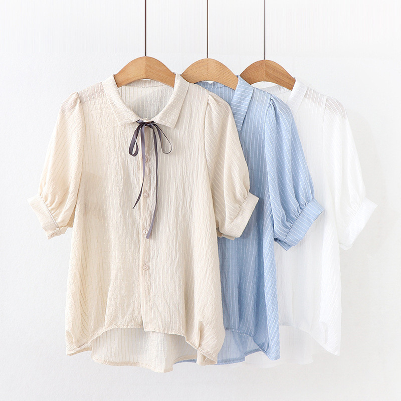Cămașă nouă de vară pentru femei, cu mânecă scurtă, bluză cu dungi Top coreeană, cu bowknot, cămăși pentru studenți în stil preppy H9156