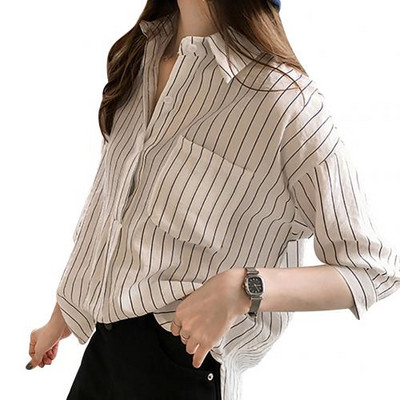 Ženske ljetne majice na pruge široke 3/4 rukava, ležerna košulja, bluza s ovratnikom na preklop