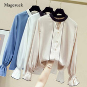 Šuplja bluza Jednobojna uredska dama s perlama Nova korejska vintage košulja Ženska jesenska raskošna majica dugih rukava Ženska bluza od šifona 11153