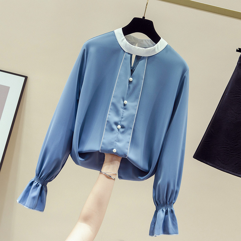 Šuplja bluza Jednobojna uredska dama s perlama Nova korejska vintage košulja Ženska jesenska raskošna majica dugih rukava Ženska bluza od šifona 11153