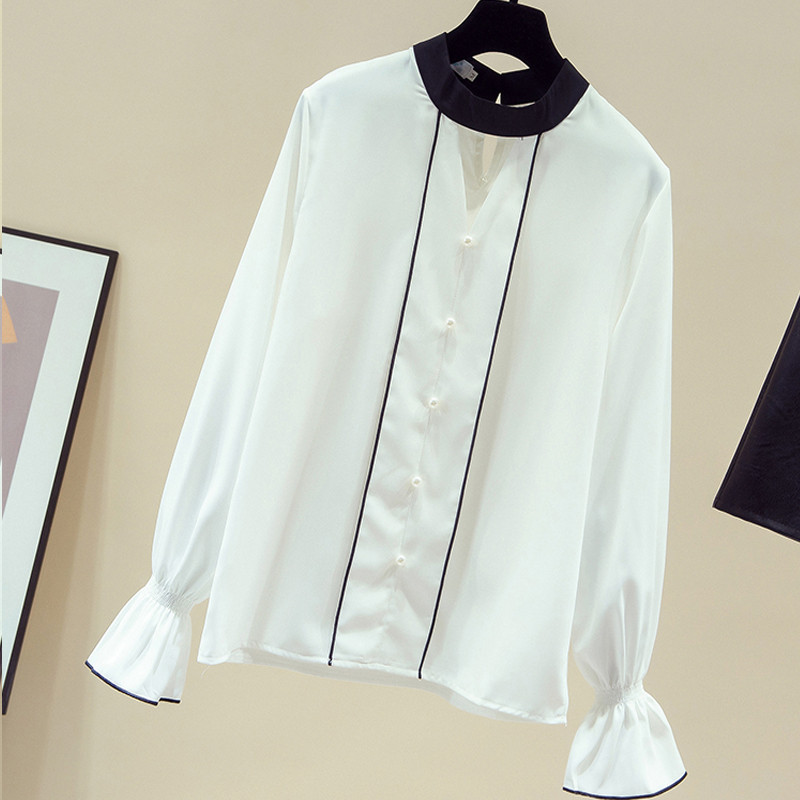 Šuplja bluza Jednobojna uredska dama s perlama Nova korejska vintage košulja Ženska jesenska raskošna majica dugih rukava Ženska bluza od šifona 11153
