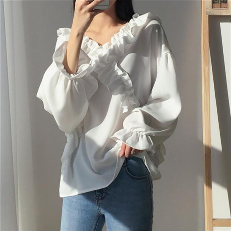 Bella philosophy Ženske bluze Proljetne šifonske modne ležerne labave volane Jednobojna košulja dugih rukava s v-izrezom Ženske Blusas Mujer