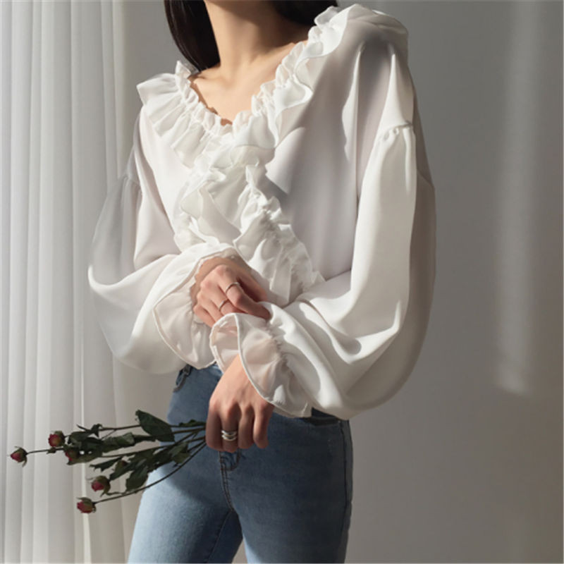 Bella philosophy Ženske bluze Proljetne šifonske modne ležerne labave volane Jednobojna košulja dugih rukava s v-izrezom Ženske Blusas Mujer