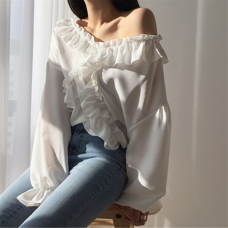 Bella philosophy Ženske bluze Proljetne šifonske modne ležerne labave volane Jednobojna košulja dugih rukava s v-izrezom Ženske Blusas Mujer