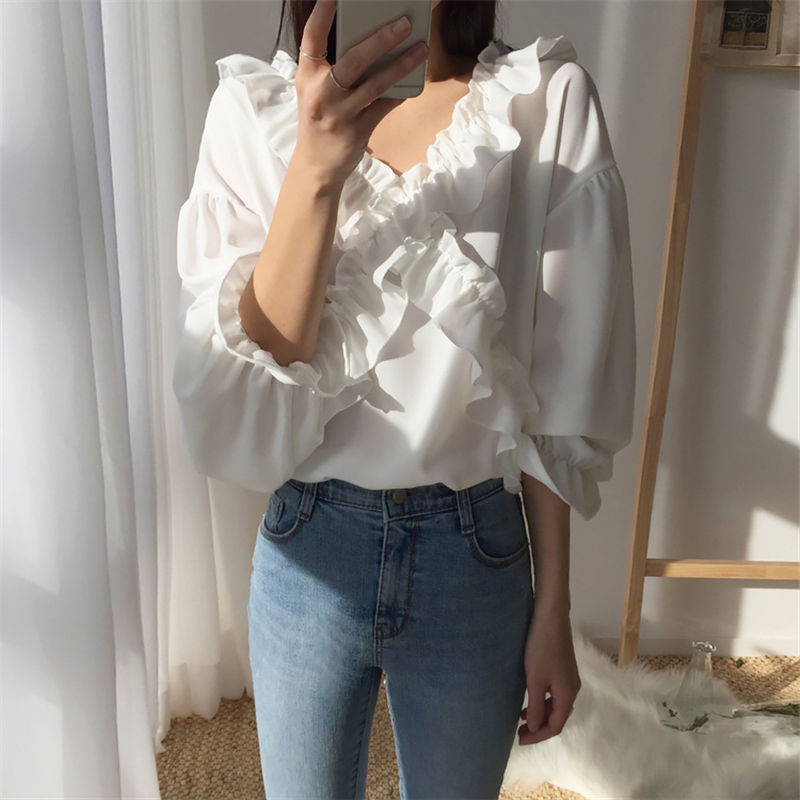 Bella philosophy Ženske bluze Proljetne šifonske modne ležerne labave volane Jednobojna košulja dugih rukava s v-izrezom Ženske Blusas Mujer