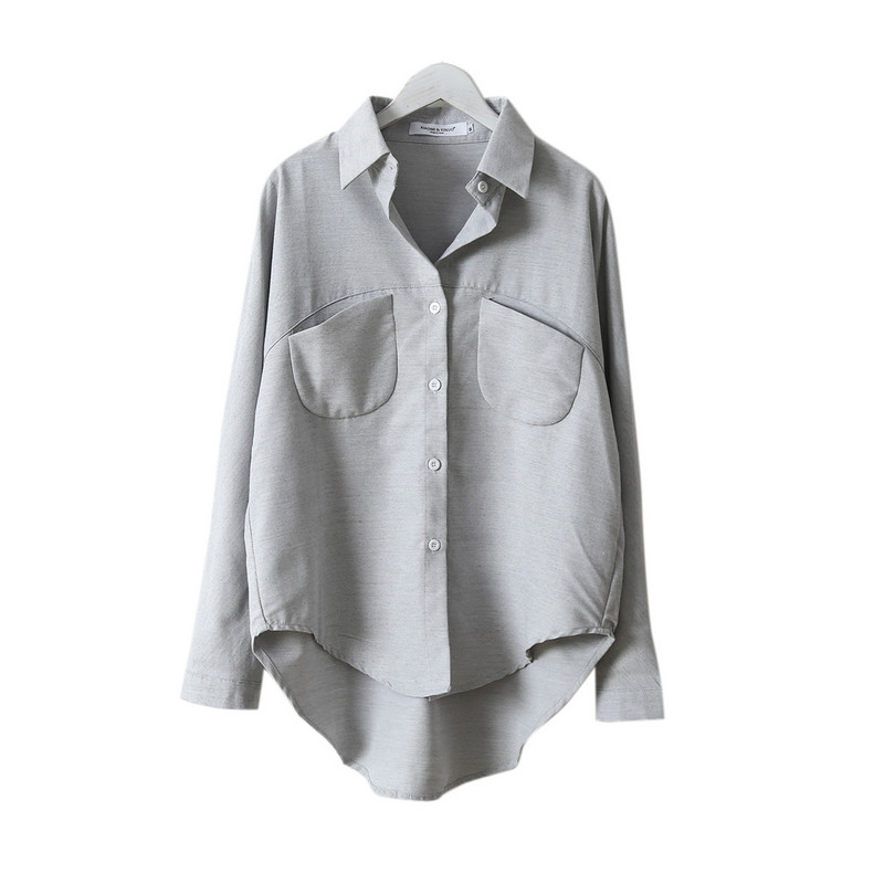 Cămăși pentru femei de toamnă cu densitate groasă Topuri cu mâneci lungi cu buzunare temperament birou haine doamne culoare solidă bluză din bumbac liber
