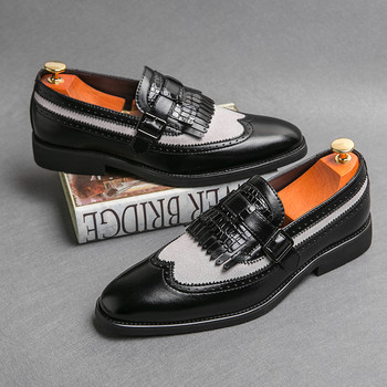 Ημι-επίσημα Δερμάτινα Επίσημα Παπούτσια Ανδρικά Φούντα Casual Brogue Flats Σκαλιστά Αγγλία Ανδρικά Παπούτσια Φόρεμα Ανδρικά Loafers Zapatos Hombre