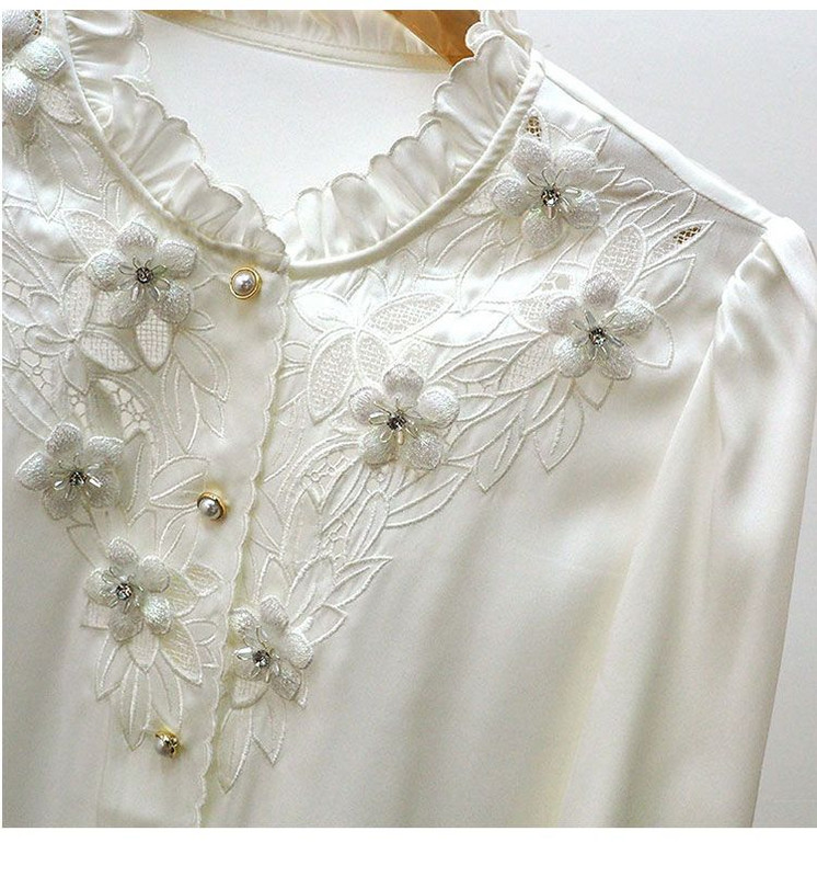 Elegantne košulje na kopčanje Ženske cvjetne aplikacije Izdubljena čipkana bluza Ženski šik dame Nove majice s širokim rukavima s naboranim ovratnikom