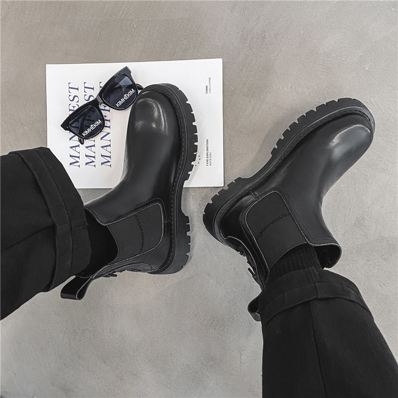 Rudeniniai vyriški batai su platforma Chelsea Boots Pavasariniai suskeldinti odiniai kulkšnies batai vyriški juodi stora apačia