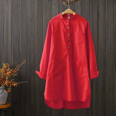 Moteriški medvilniniai marškiniai, 2022 m. rudens kritimo apykakle Laisva lininė palaidinė Moteriška priekinės kišenės Vienspalvės moteriškos viršūnės ilgomis rankovėmis