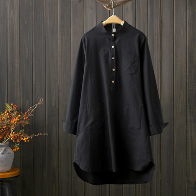 Moteriški medvilniniai marškiniai, 2022 m. rudens kritimo apykakle Laisva lininė palaidinė Moteriška priekinės kišenės Vienspalvės moteriškos viršūnės ilgomis rankovėmis