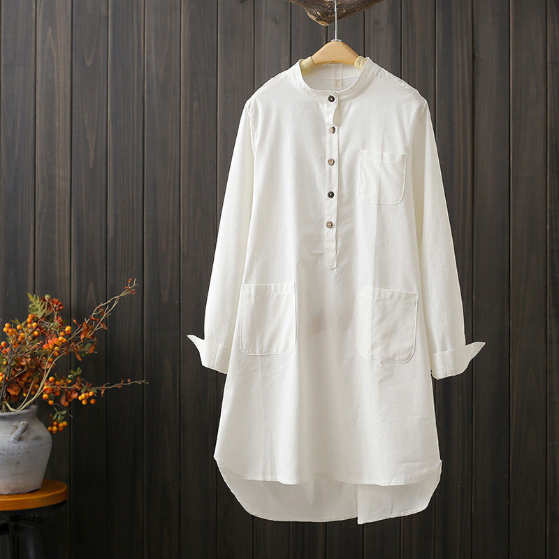 Moteriški medvilniniai marškiniai, 2022 m. rudens kritimo apykakle Laisva lininė palaidinė Moteriška priekinės kišenės Vienspalvės moteriškos viršūnės ilgomis rankovėmis