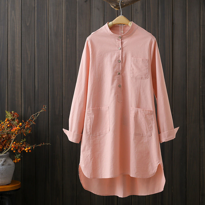 Moteriški medvilniniai marškiniai, 2022 m. rudens kritimo apykakle Laisva lininė palaidinė Moteriška priekinės kišenės Vienspalvės moteriškos viršūnės ilgomis rankovėmis