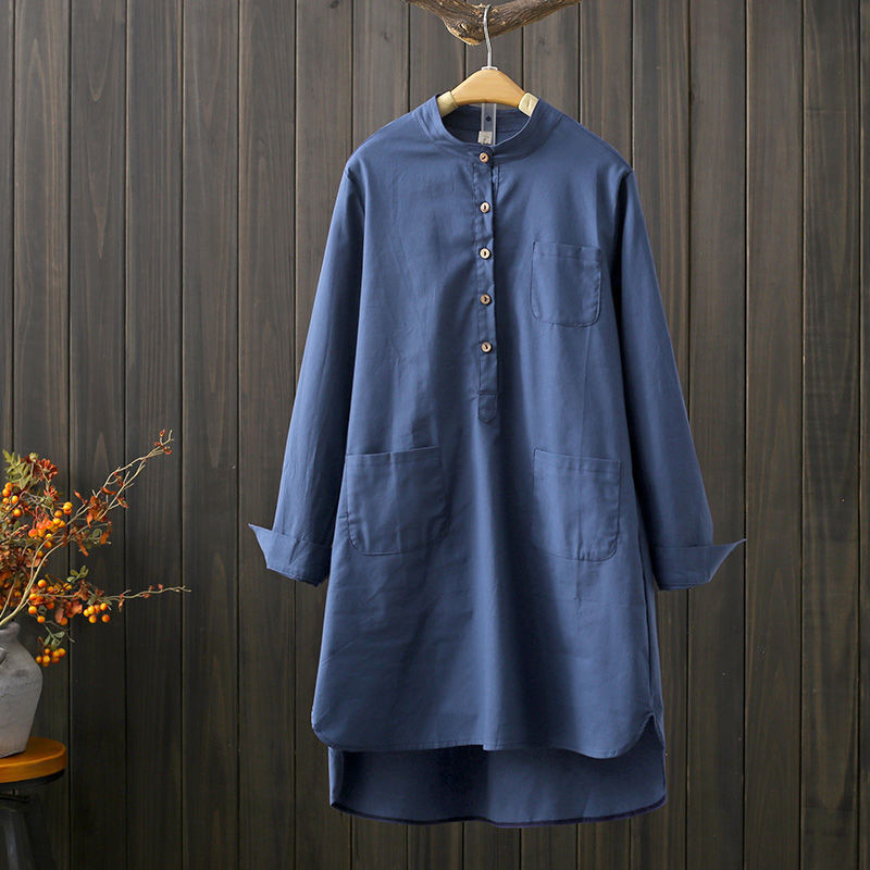 Moteriški medvilniniai marškiniai, 2022 m. rudens kritimo apykakle Laisva lininė palaidinė Moteriška priekinės kišenės Vienspalvės moteriškos viršūnės ilgomis rankovėmis