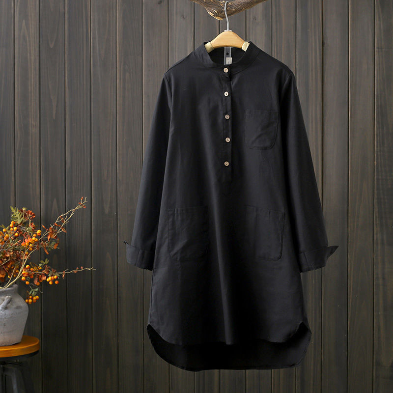 Moteriški medvilniniai marškiniai, 2022 m. rudens kritimo apykakle Laisva lininė palaidinė Moteriška priekinės kišenės Vienspalvės moteriškos viršūnės ilgomis rankovėmis