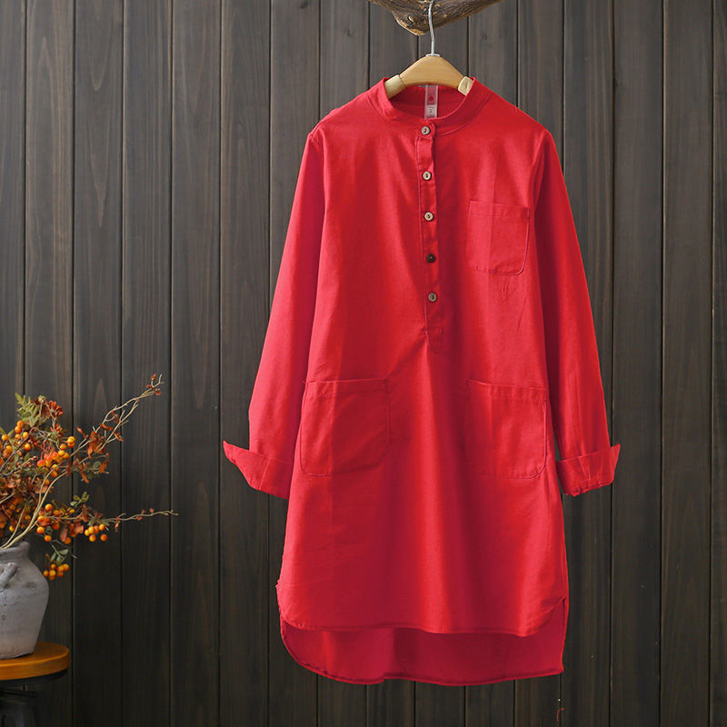 Moteriški medvilniniai marškiniai, 2022 m. rudens kritimo apykakle Laisva lininė palaidinė Moteriška priekinės kišenės Vienspalvės moteriškos viršūnės ilgomis rankovėmis