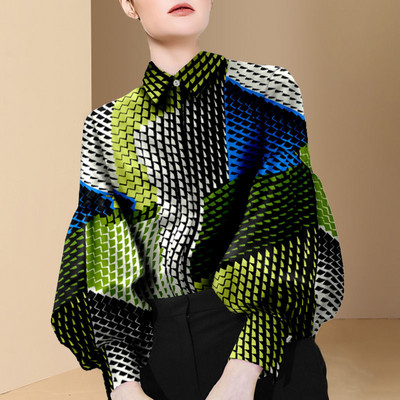 Elegáns, divatos, gombos női ing, 2022 tavaszi, szüret, puff, lámpás ujjú, női blúz, nyomott bő színátmenetes felsők elegáns