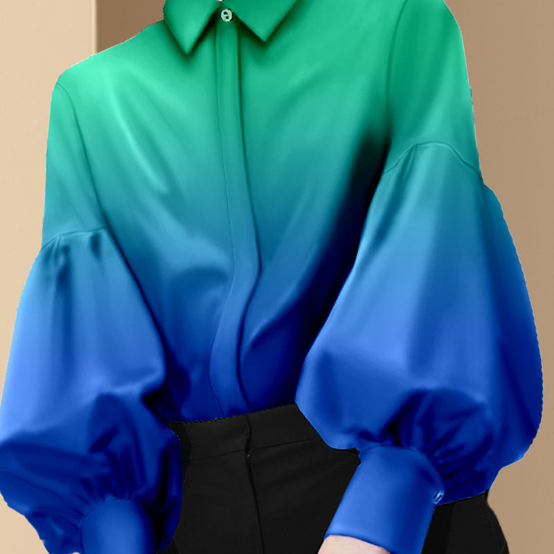 Elegáns, divatos, gombos női ing, 2022 tavaszi, szüret, puff, lámpás ujjú, női blúz, nyomott bő színátmenetes felsők elegáns
