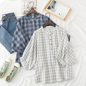 Bluză în carouri pentru femei, stil preppy din bumbac și in, cu mâneci trei sferturi, cămăși largi, guler ridicat, topuri din bumbac cu carouri pătrate
