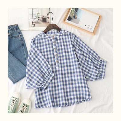 Bluză în carouri pentru femei, stil preppy din bumbac și in, cu mâneci trei sferturi, cămăși largi, guler ridicat, topuri din bumbac cu carouri pătrate