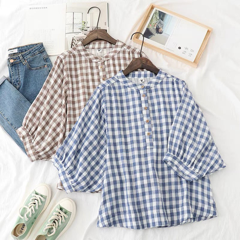 Bluză în carouri pentru femei, stil preppy din bumbac și in, cu mâneci trei sferturi, cămăși largi, guler ridicat, topuri din bumbac cu carouri pătrate