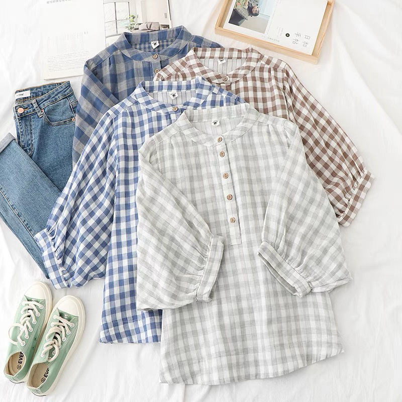 Bluză în carouri pentru femei, stil preppy din bumbac și in, cu mâneci trei sferturi, cămăși largi, guler ridicat, topuri din bumbac cu carouri pătrate