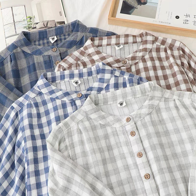 Bluză în carouri pentru femei, stil preppy din bumbac și in, cu mâneci trei sferturi, cămăși largi, guler ridicat, topuri din bumbac cu carouri pătrate