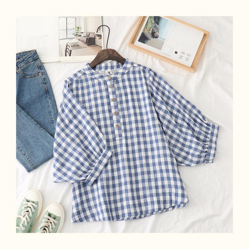 Bluză în carouri pentru femei, stil preppy din bumbac și in, cu mâneci trei sferturi, cămăși largi, guler ridicat, topuri din bumbac cu carouri pătrate
