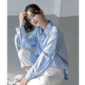 Γυναικεία πουκάμισα με κουμπιά 2022, κομψά άνοιξη με γυριστό γιακά, μπροστινή τσέπη, μακρυμάνικη μπλούζα γυναικεία αυθεντική σχεδίαση Μπλε λευκές μπλούζες