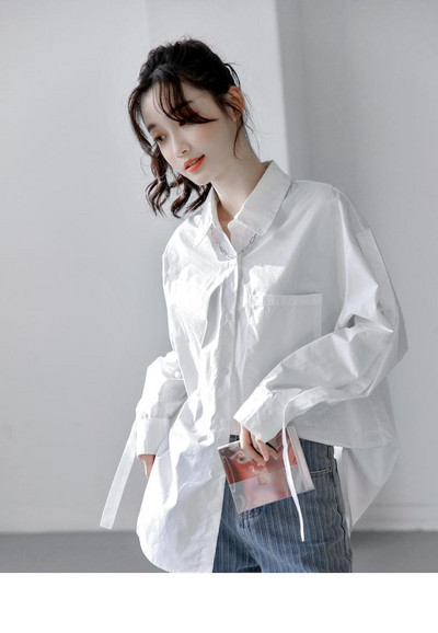 Γυναικεία πουκάμισα με κουμπιά 2022, κομψά άνοιξη με γυριστό γιακά, μπροστινή τσέπη, μακρυμάνικη μπλούζα γυναικεία αυθεντική σχεδίαση Μπλε λευκές μπλούζες