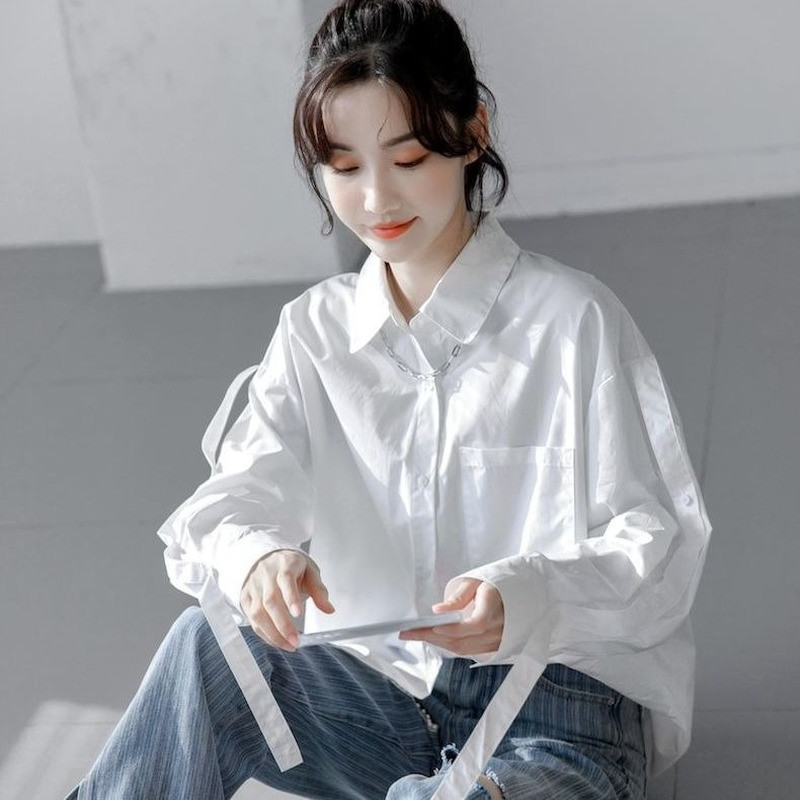 Γυναικεία πουκάμισα με κουμπιά 2022, κομψά άνοιξη με γυριστό γιακά, μπροστινή τσέπη, μακρυμάνικη μπλούζα γυναικεία αυθεντική σχεδίαση Μπλε λευκές μπλούζες