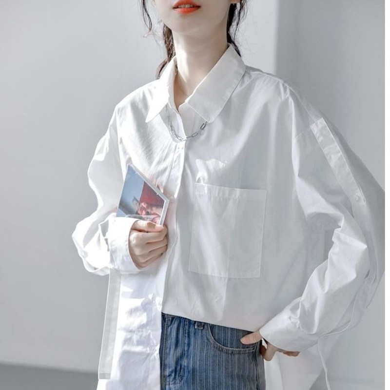 Γυναικεία πουκάμισα με κουμπιά 2022, κομψά άνοιξη με γυριστό γιακά, μπροστινή τσέπη, μακρυμάνικη μπλούζα γυναικεία αυθεντική σχεδίαση Μπλε λευκές μπλούζες
