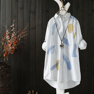 Ριγέ πουκάμισα Γυναικεία φθινοπωρινά μακρυμάνικα με στριφογυριστό γιακά με εμπριμέ φαρδιά μπλούζες Μπλούζα φόρεμα Ρούχα Γυναικείες casual μπλούζες oversize