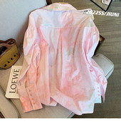 2023, nou în stil coreean, cămăși pentru femei, roz cu mâneci bufante, cu guler răsturnat, bluză din bumbac, pentru femei, cu vopsea cu mânecă lungă