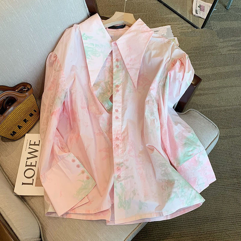 2023, nou în stil coreean, cămăși pentru femei, roz cu mâneci bufante, cu guler răsturnat, bluză din bumbac, pentru femei, cu vopsea cu mânecă lungă