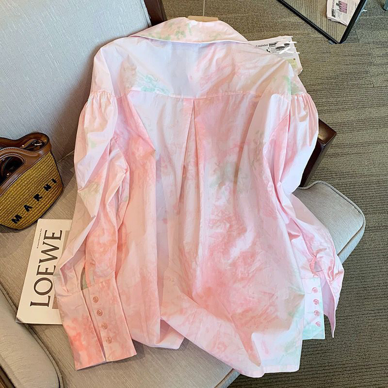2023, nou în stil coreean, cămăși pentru femei, roz cu mâneci bufante, cu guler răsturnat, bluză din bumbac, pentru femei, cu vopsea cu mânecă lungă