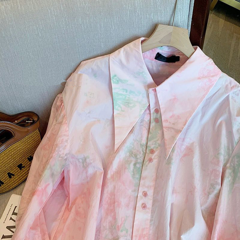 2023, nou în stil coreean, cămăși pentru femei, roz cu mâneci bufante, cu guler răsturnat, bluză din bumbac, pentru femei, cu vopsea cu mânecă lungă