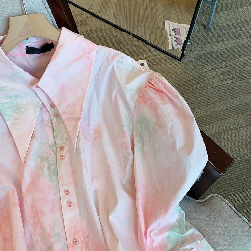 2023, nou în stil coreean, cămăși pentru femei, roz cu mâneci bufante, cu guler răsturnat, bluză din bumbac, pentru femei, cu vopsea cu mânecă lungă