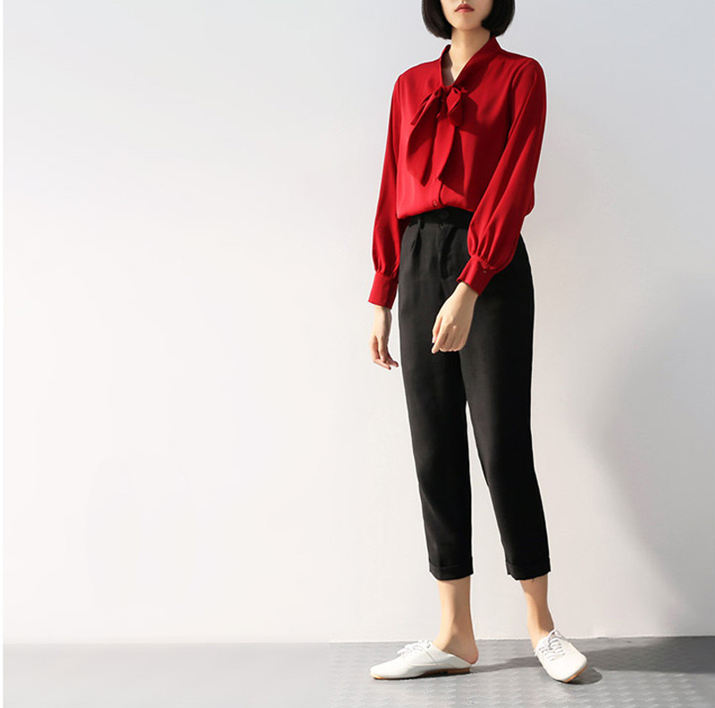 Biuro moteriški marškiniai Oficialūs OL Korėjos Stilius Stovi apykaklė Šifono Viršutiniai Raudoni Žibintai Rankovės Drabužiai Temperamento Moteriškos Palaidinės