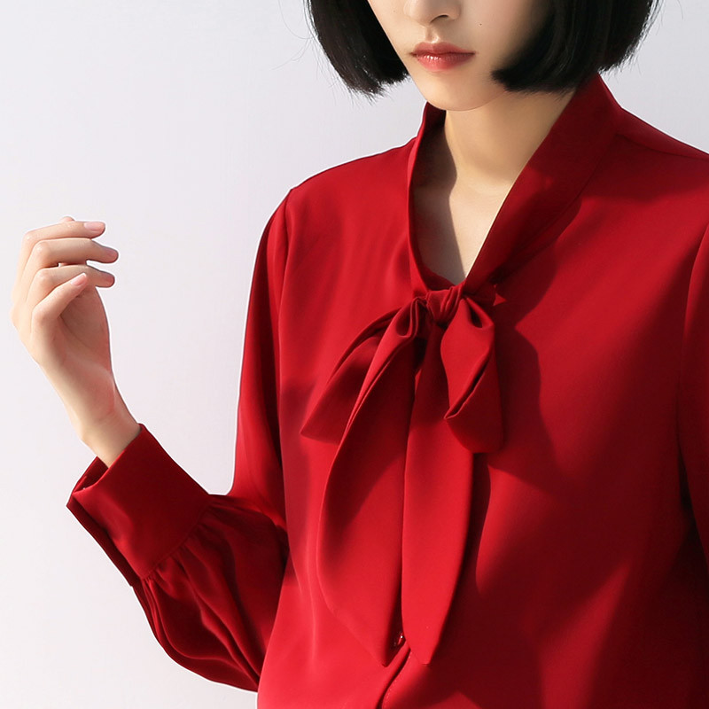Biuro moteriški marškiniai Oficialūs OL Korėjos Stilius Stovi apykaklė Šifono Viršutiniai Raudoni Žibintai Rankovės Drabužiai Temperamento Moteriškos Palaidinės