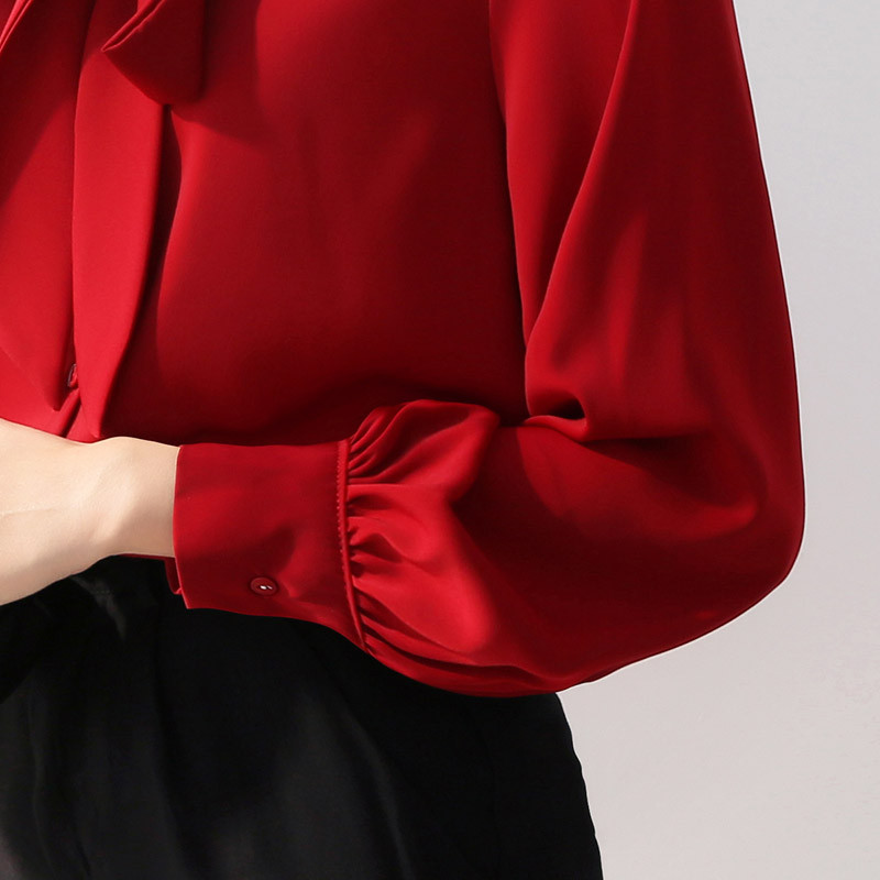 Biuro moteriški marškiniai Oficialūs OL Korėjos Stilius Stovi apykaklė Šifono Viršutiniai Raudoni Žibintai Rankovės Drabužiai Temperamento Moteriškos Palaidinės