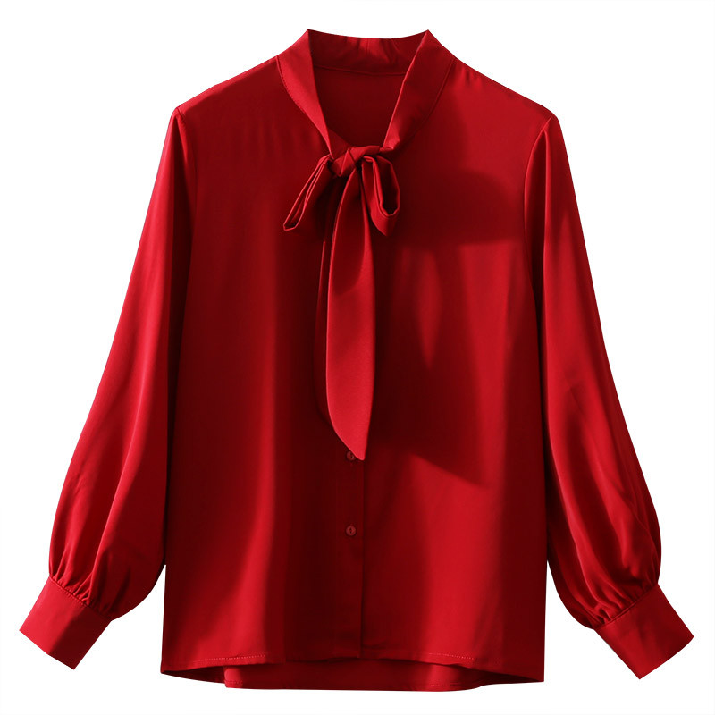 Biuro moteriški marškiniai Oficialūs OL Korėjos Stilius Stovi apykaklė Šifono Viršutiniai Raudoni Žibintai Rankovės Drabužiai Temperamento Moteriškos Palaidinės