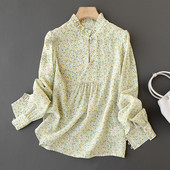 Palaidinė su raukiniais, 2022 m. pavasario rudens prerijos prašmatnios gėlėtos viršutinės moteriškos temperamento marškinėliai ilgomis pūstomis rankovėmis Moteriška palaidinė marginta