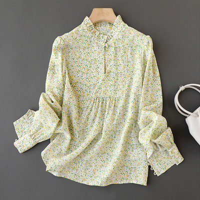 Palaidinė su raukiniais, 2022 m. pavasario rudens prerijos prašmatnios gėlėtos viršutinės moteriškos temperamento marškinėliai ilgomis pūstomis rankovėmis Moteriška palaidinė marginta