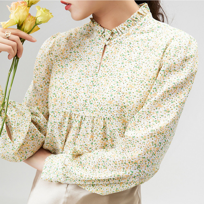 Palaidinė su raukiniais, 2022 m. pavasario rudens prerijos prašmatnios gėlėtos viršutinės moteriškos temperamento marškinėliai ilgomis pūstomis rankovėmis Moteriška palaidinė marginta