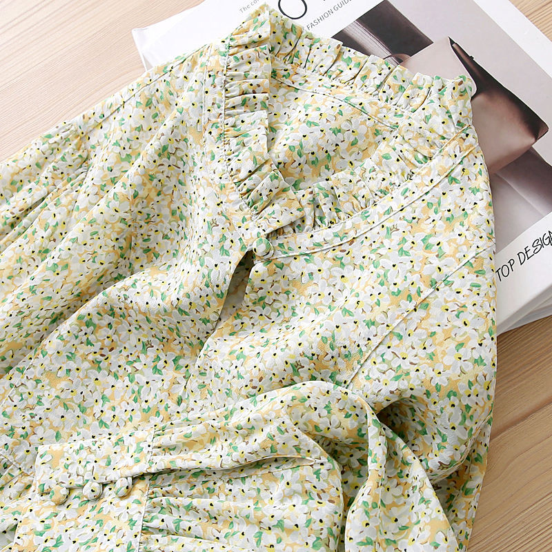 Palaidinė su raukiniais, 2022 m. pavasario rudens prerijos prašmatnios gėlėtos viršutinės moteriškos temperamento marškinėliai ilgomis pūstomis rankovėmis Moteriška palaidinė marginta